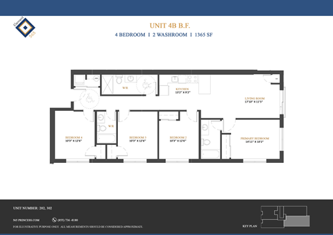 Floor plan for 4 beds, 3 baths, 1365 sqft